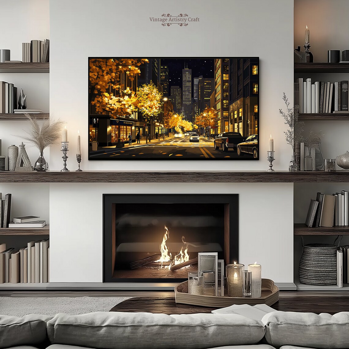 City Night Street Golden Autumn Trees Lit Skyscraper Painting Poster - Image 4