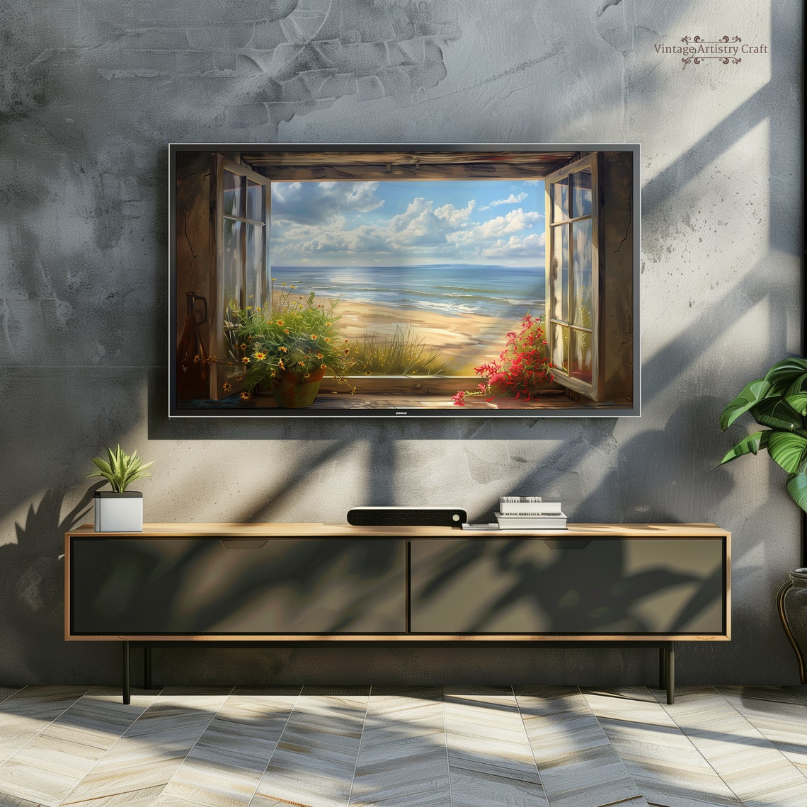 Open Window To Sunny Beach Flower Pots Bright Coastal Poster - Image 4