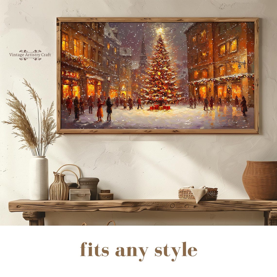 Snowy Christmas Town Square Tree Night Lights Festive Winter Poster - Image 6