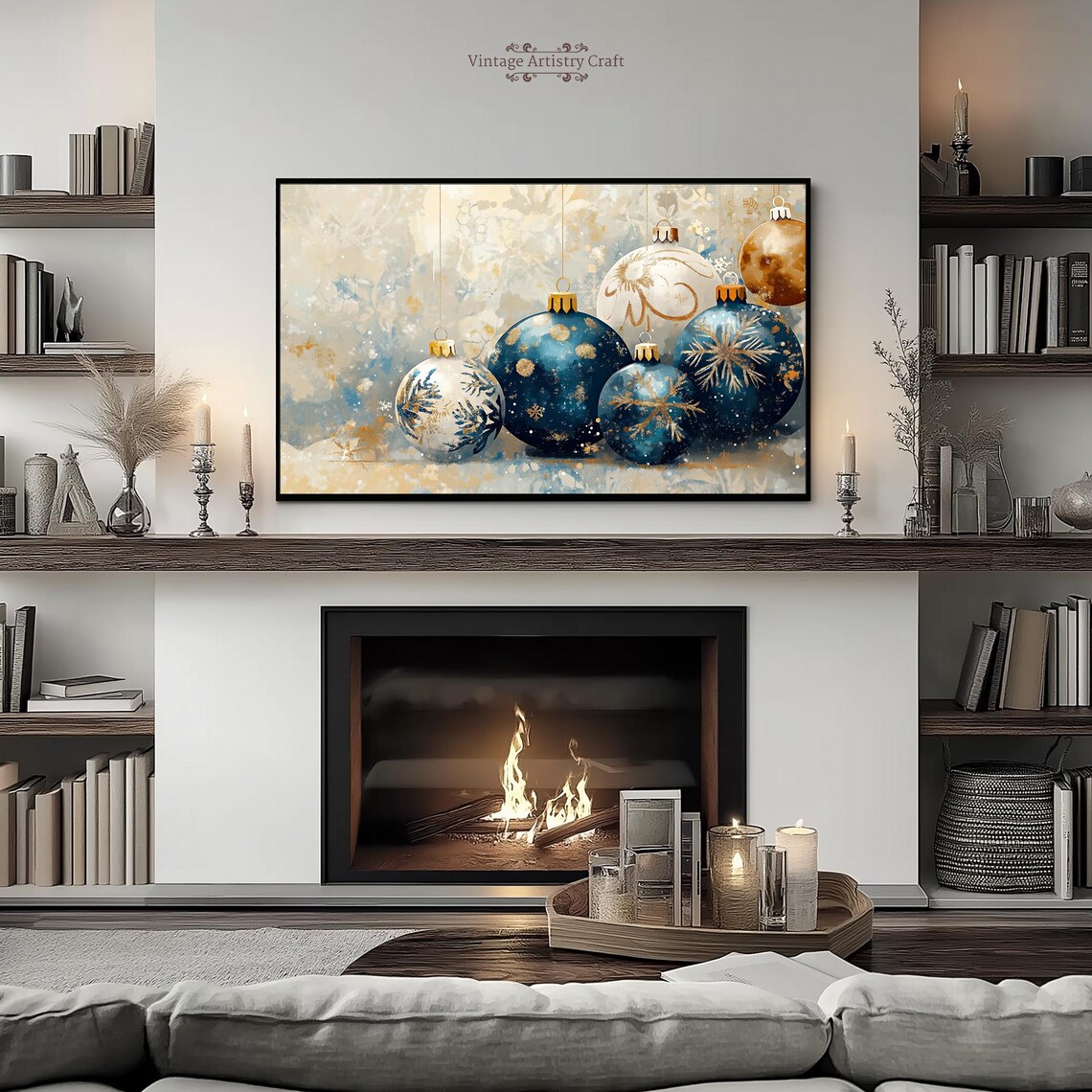 Blue Gold Christmas Ornaments Holiday Baubles Watercolor Poster - Image 5