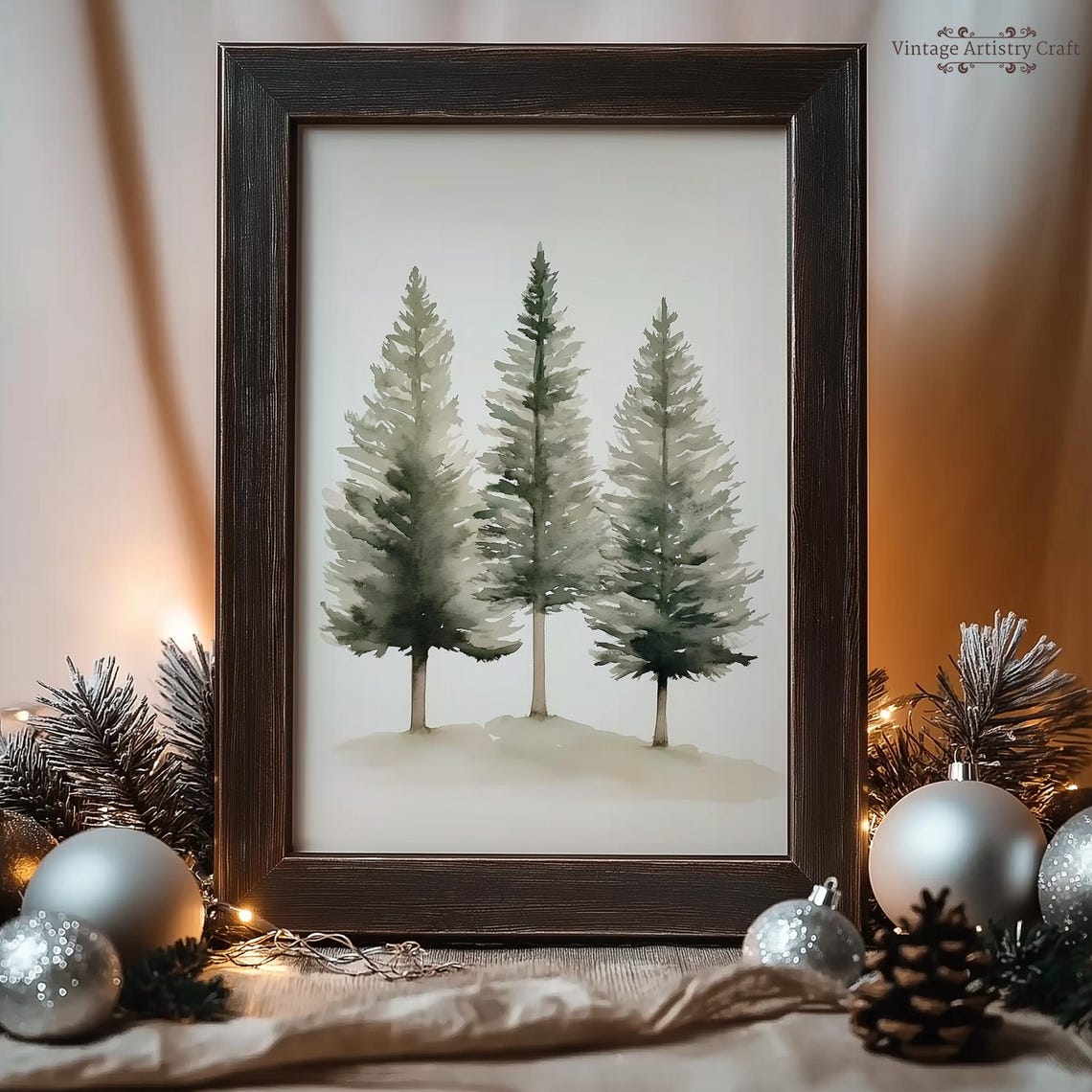 Watercolor Pine Trees Trio Winter Forest Minimalist Neutral Poster