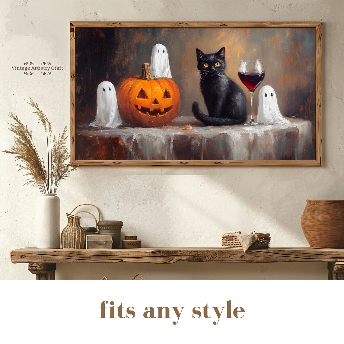 Cute Ghosts Jack O Lantern Black Cat Wine Halloween Painting Poster - Image 8