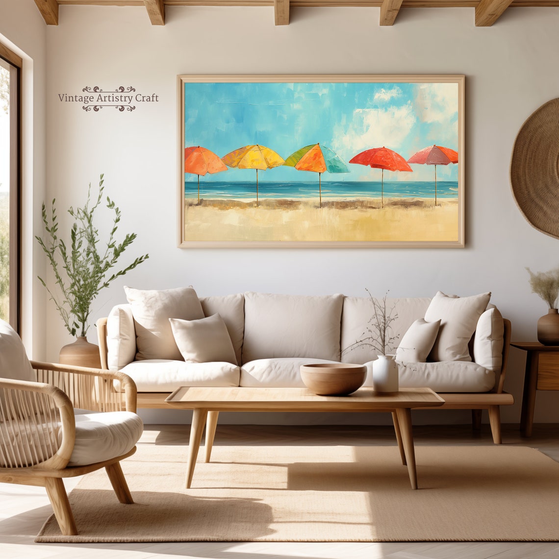 Colorful Beach Umbrellas Sandy Shore Summer Coastal Painting Poster - Image 7