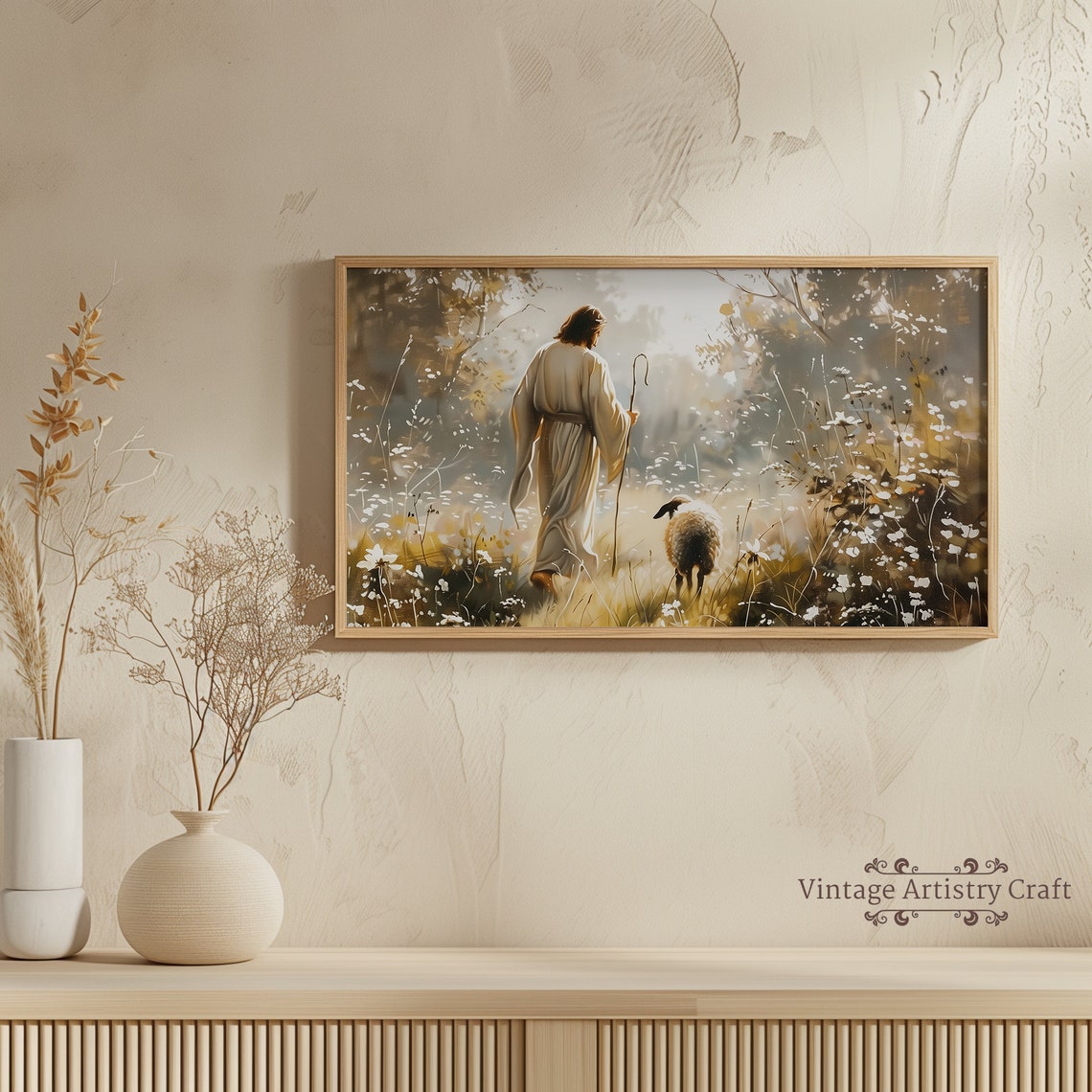 Jesus the Good Shepherd With Lost Sheep Christian Painting Poster - Image 7