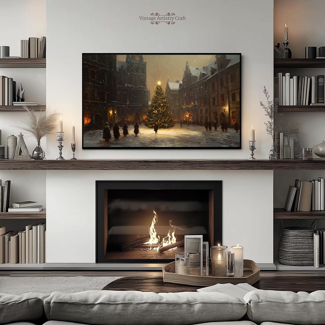 Snowy Old Town Square Christmas Tree Winter Festive Night Poster - Image 5
