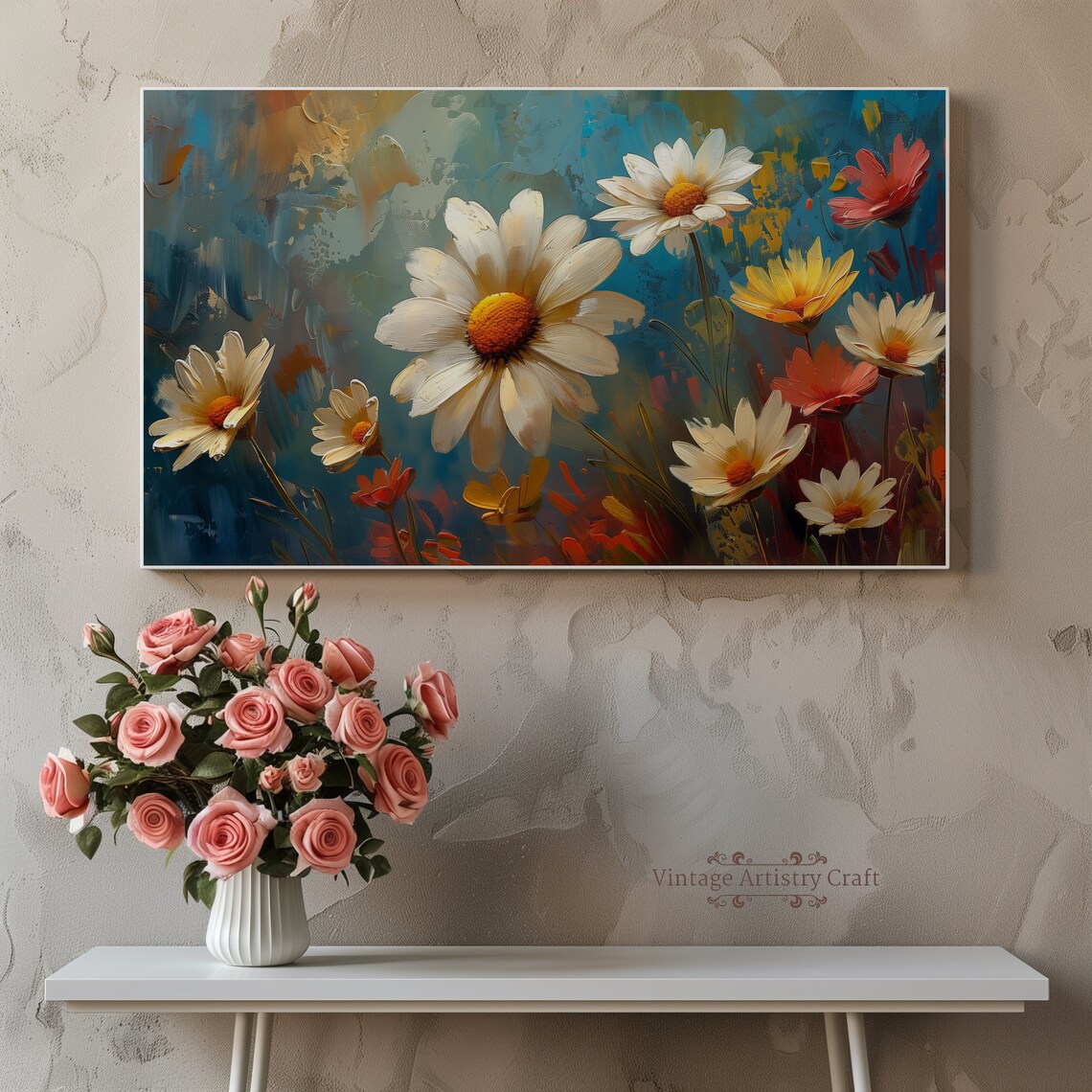 White Daisies Blue Abstract Background Vintage Floral Oil Poster - Image 8