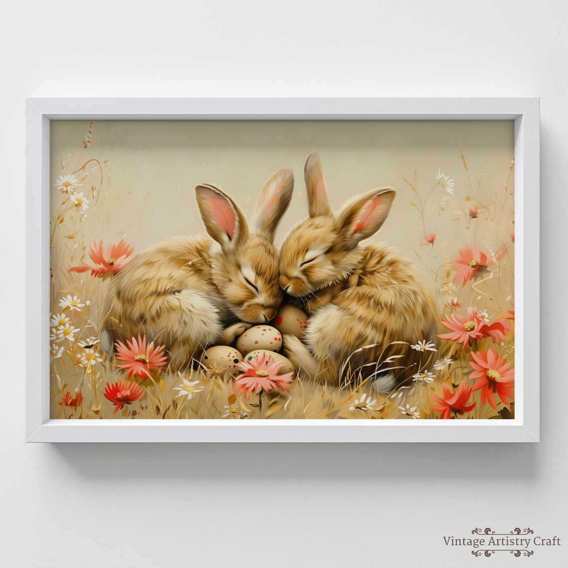 Sleeping Bunny Rabbits Easter Meadow Wildflower Oil Painting Poster - Image 5