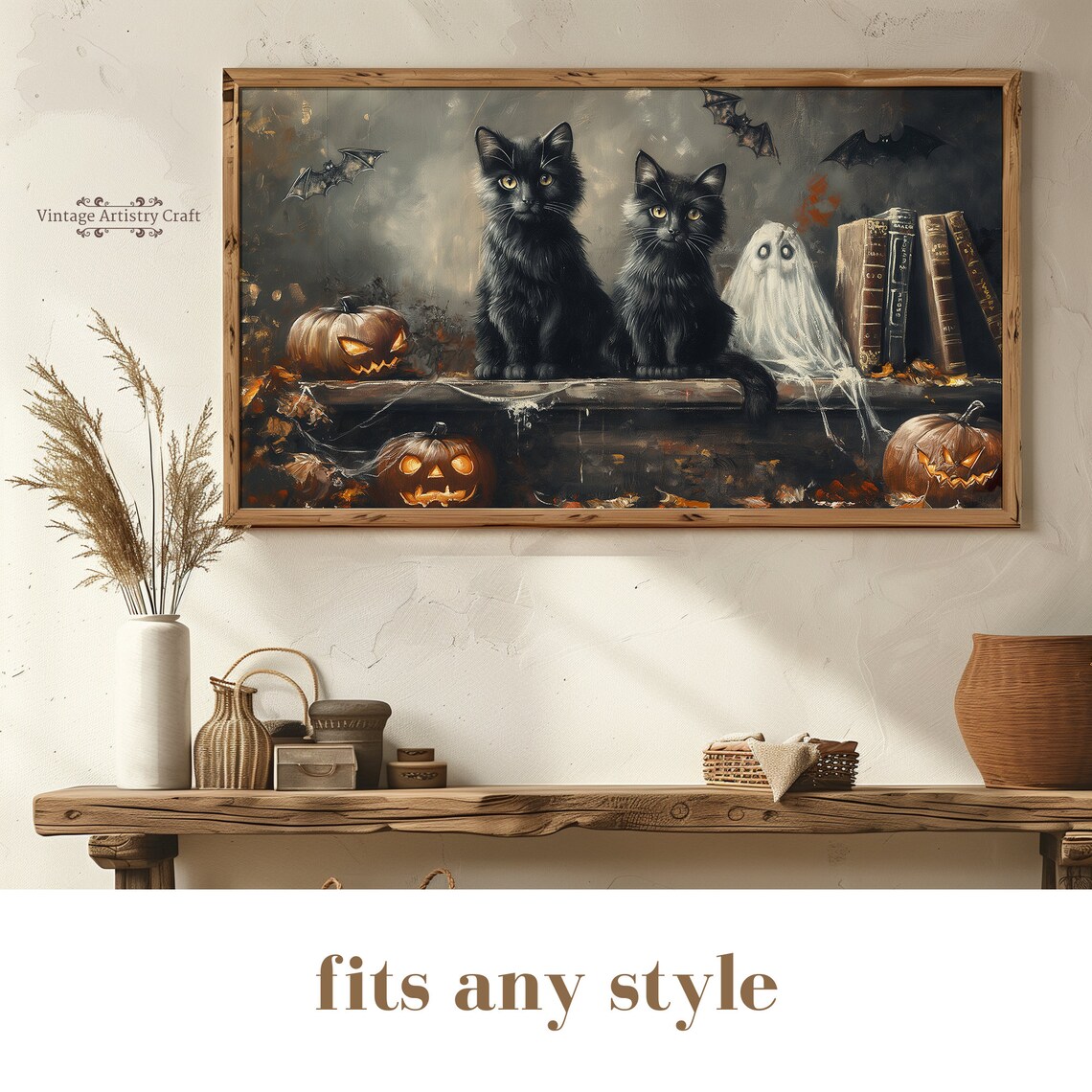 Cute Black Cats Halloween Retro Ghost Art Print - Image 8