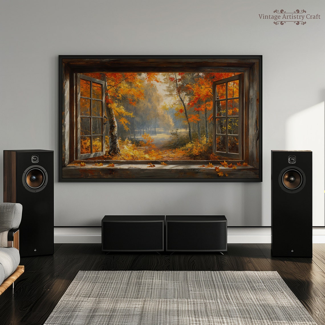 Rustic Window Autumn Forest View Fall Foliage Oil Painting Poster - Image 3