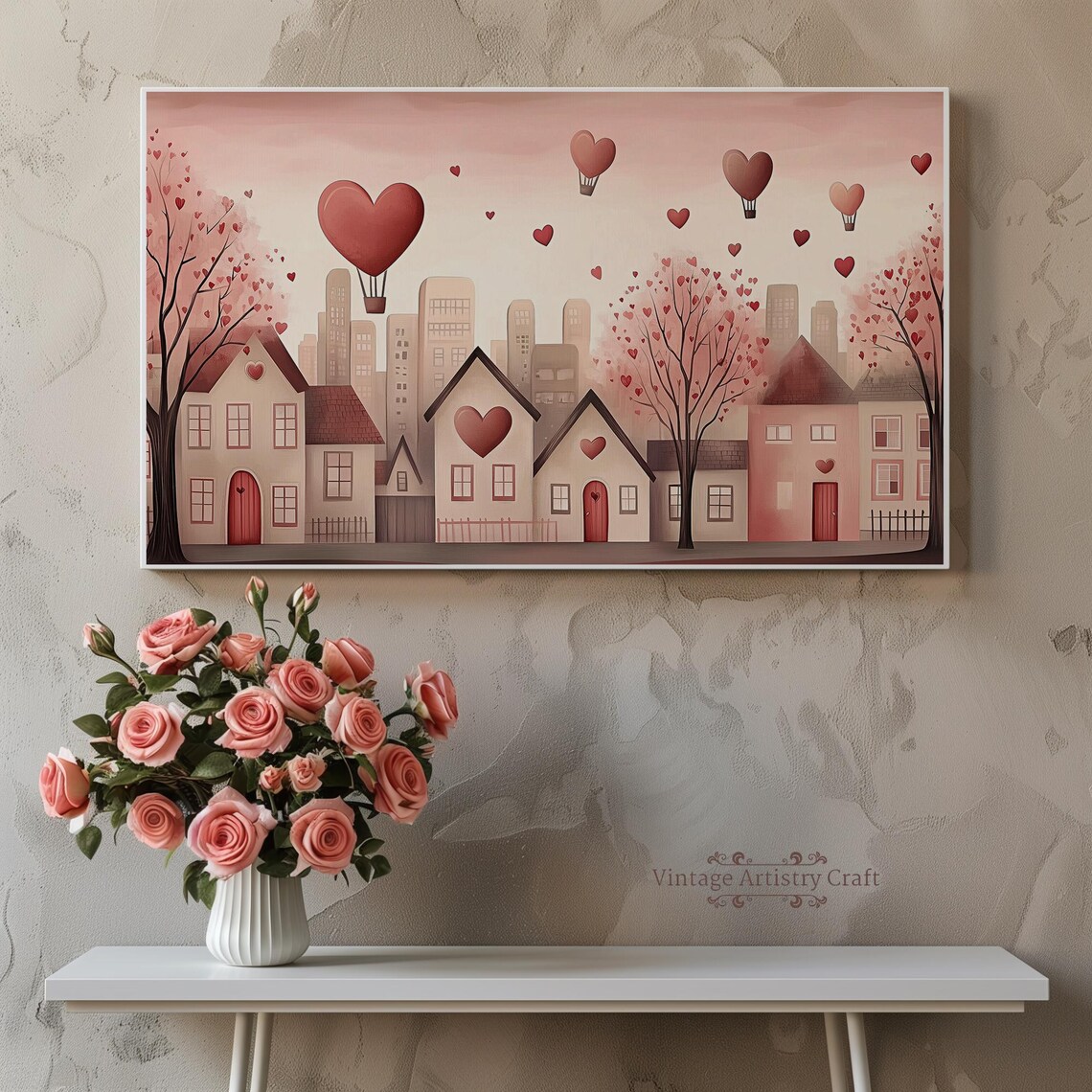 Heart Hot Air Balloons Pink Cityscape Romantic Valentines Poster - Image 5