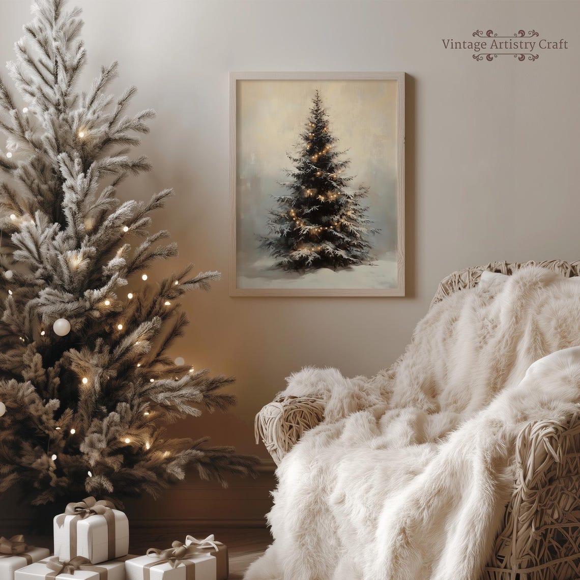 Snow Covered Christmas Tree Lights Winter Snowfall Art Poster - Image 5