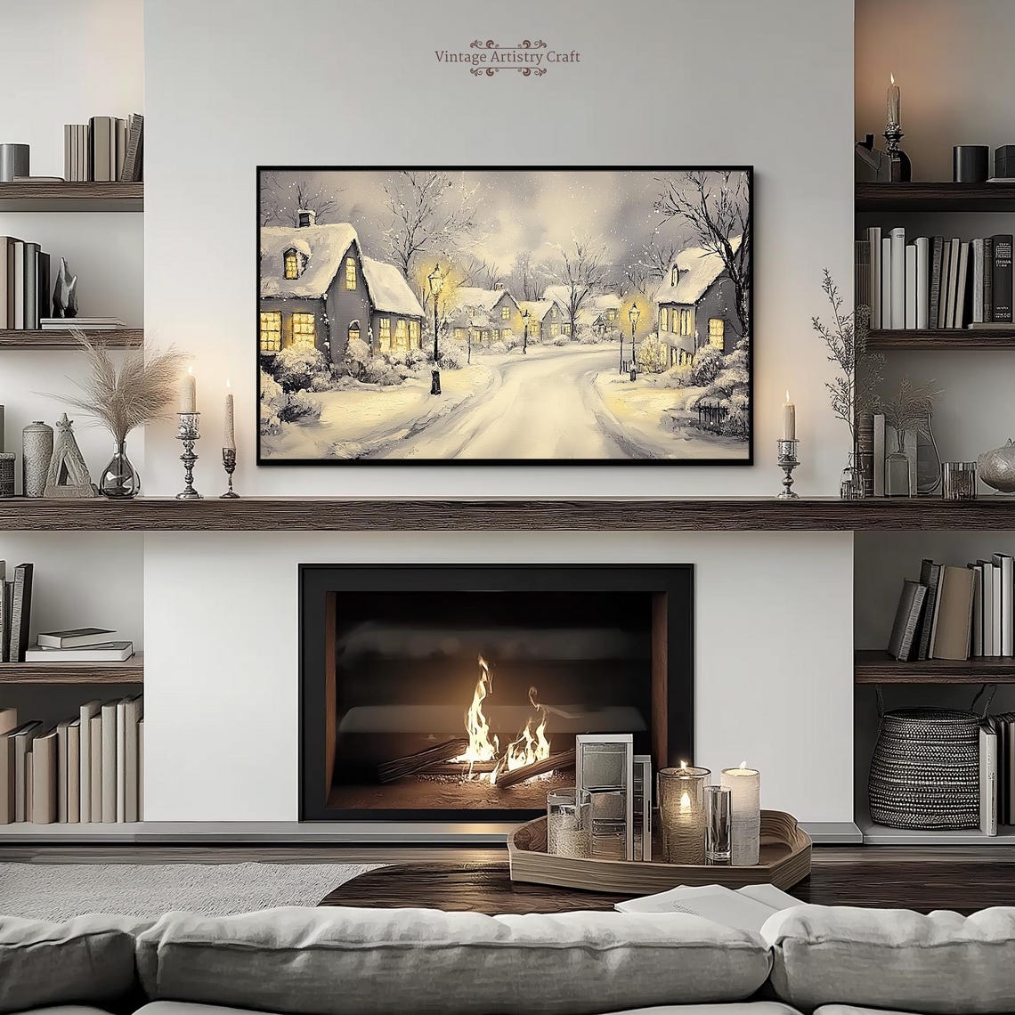 Winter Frame Tv Art Snowy Village Warm Street Town Moody Farmhouse Tv Decor Vintage Oil Painting 4k - Image 4