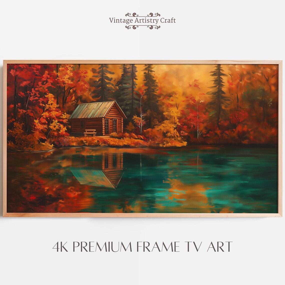 Autumn Log Cabin Vintage Oil Painting Art Print