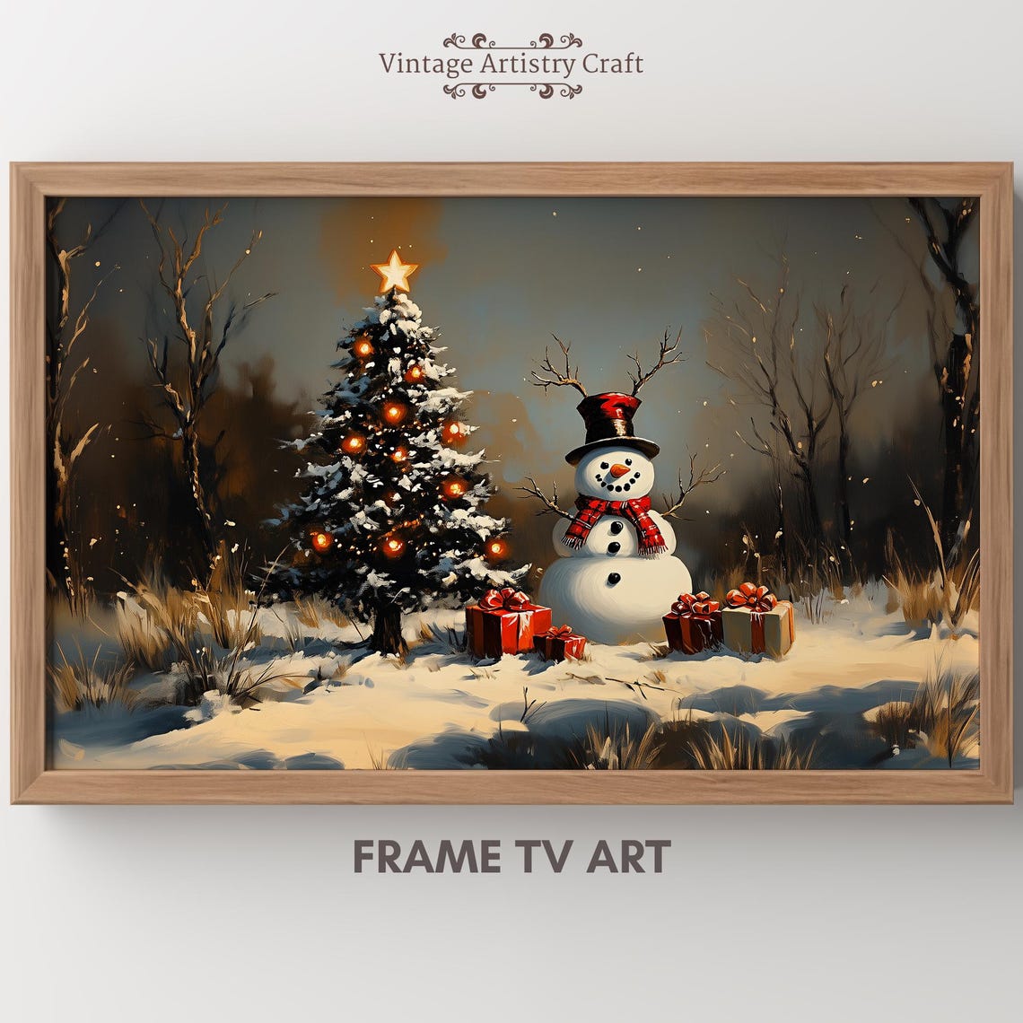 Cozy Snowman Top Hat Scarf Lit Christmas Tree Snowy Night Poster