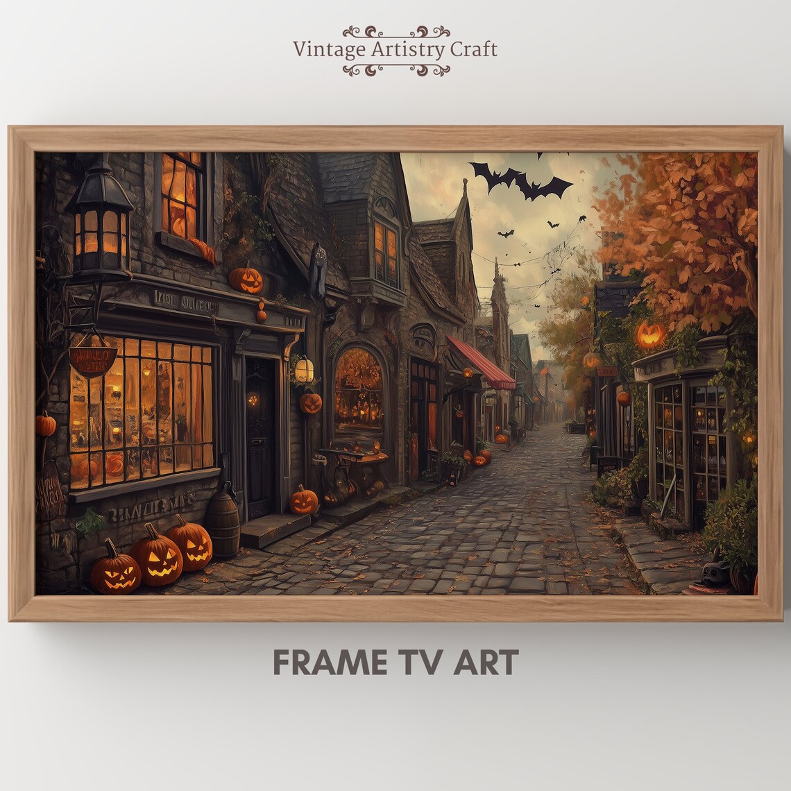 Gothic Halloween Market Street Pumpkins Bats Vintage Spooky Poster