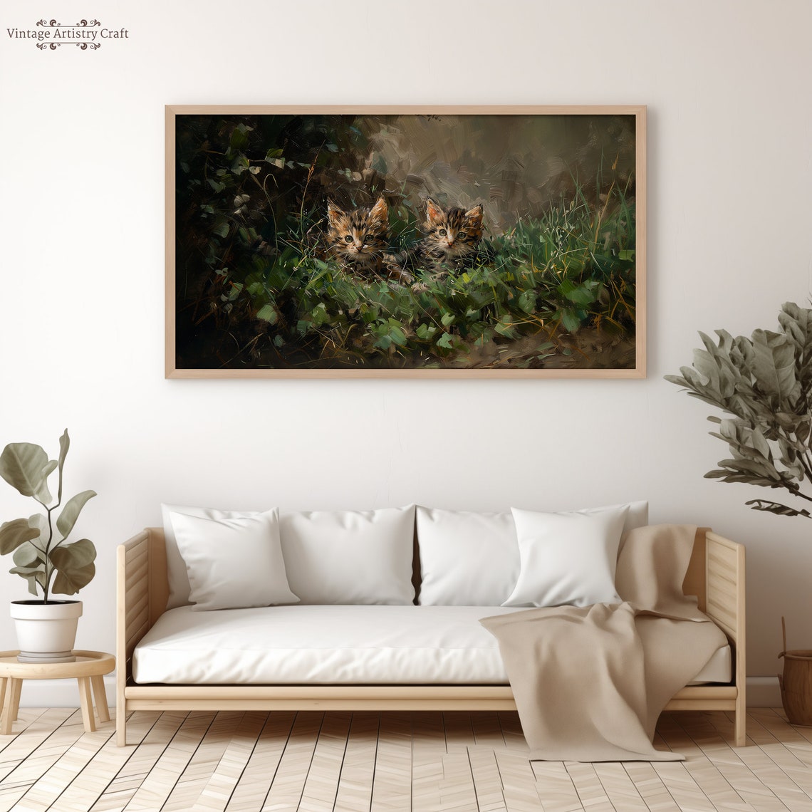 Two Tabby Kittens Peeking Through Grass Vintage Oil Painting Poster - Image 5