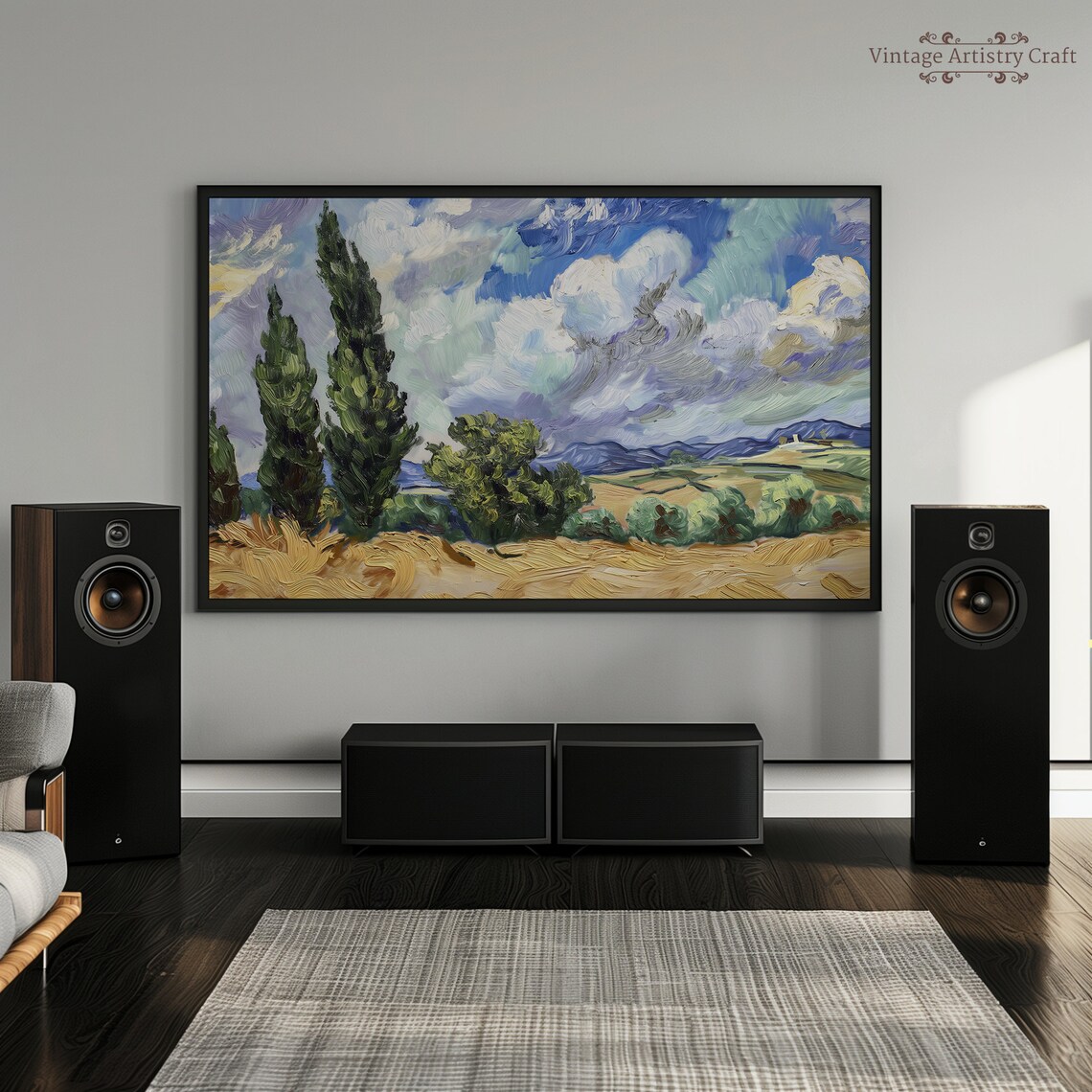 Cypress Trees Golden Wheat Field Van Gogh Style Swirling Sky Poster - Image 3