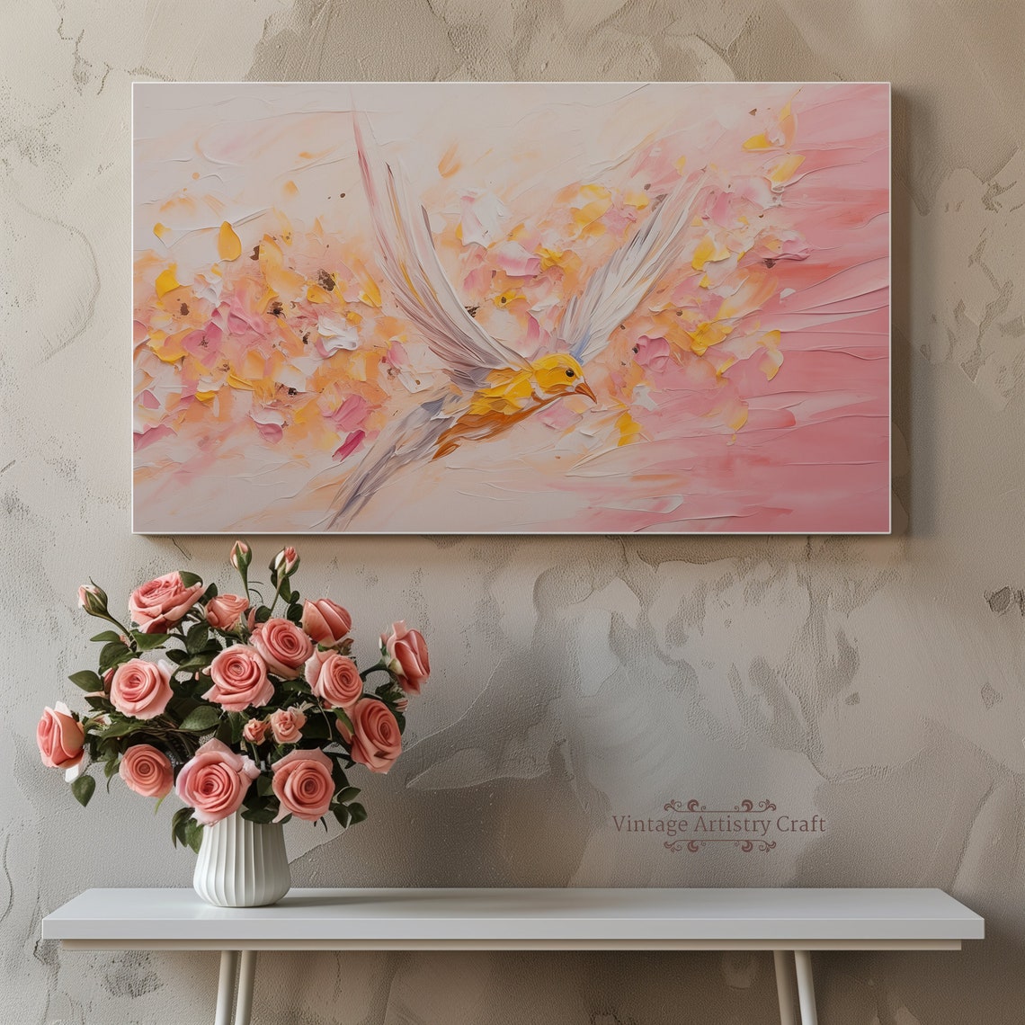 Golden Bird in Flight Pink Blossom Abstract Impasto Art Poster - Image 5
