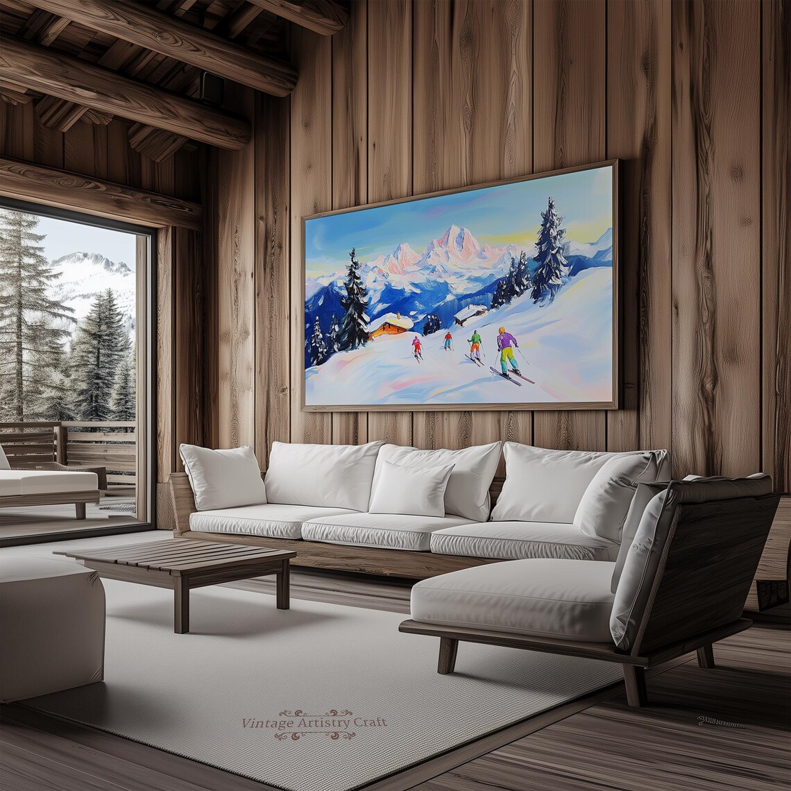 Skiers Alpine Slope Snowy Mountain Winter Sports Painting Poster - Image 5