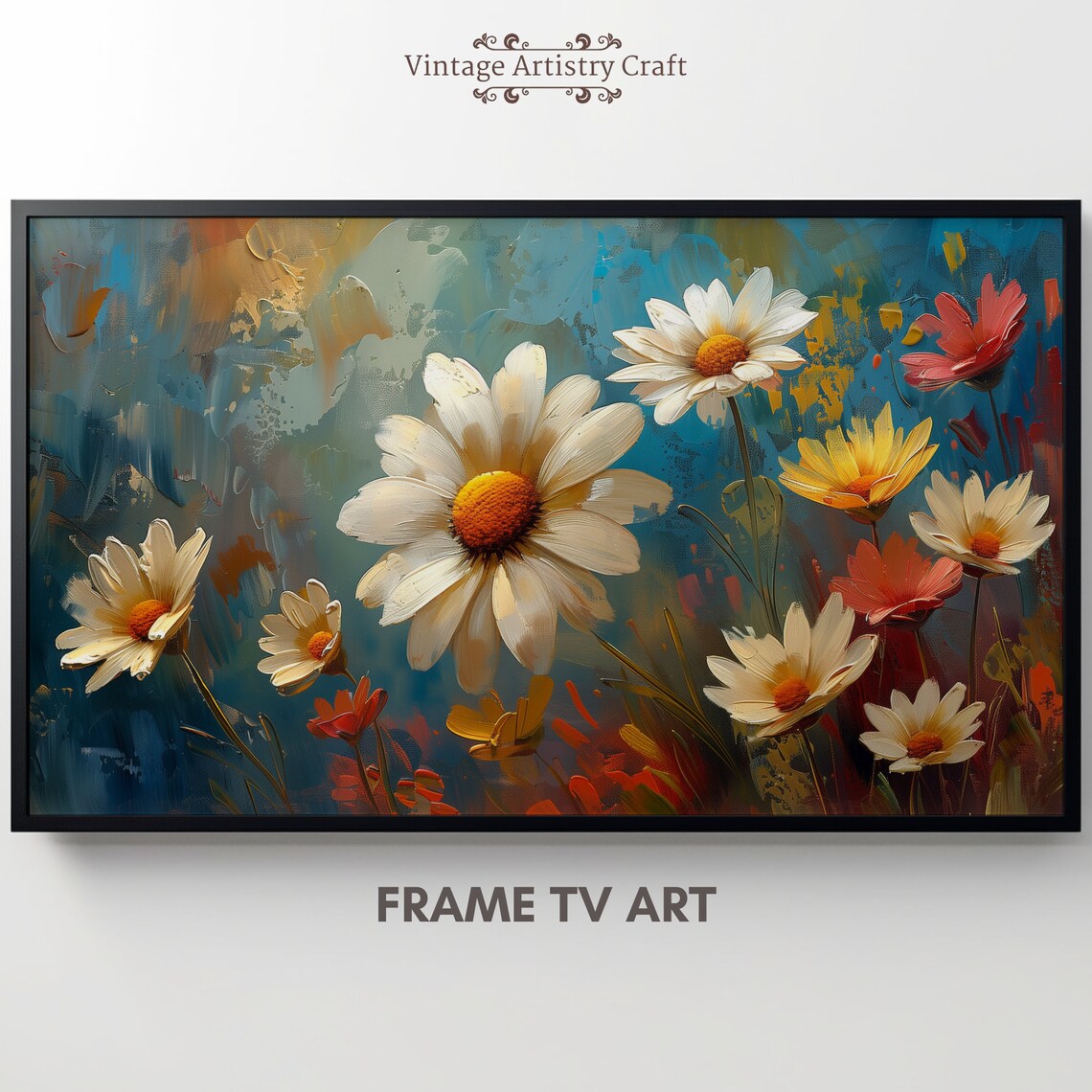 White Daisies Blue Abstract Background Vintage Floral Oil Poster - Image 6