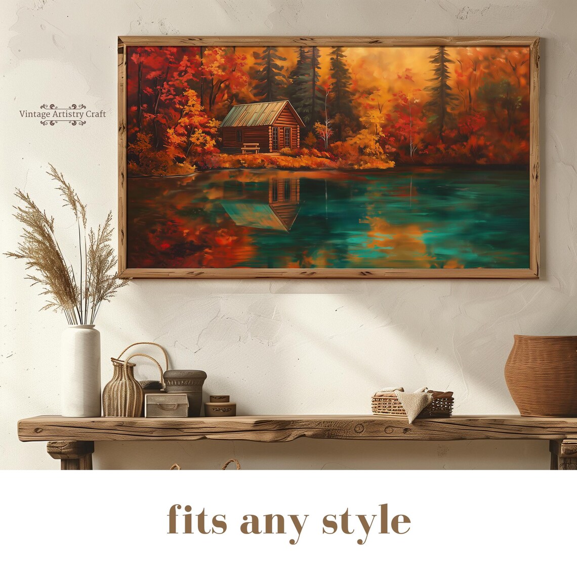 Autumn Log Cabin Vintage Oil Painting Art Print - Image 4