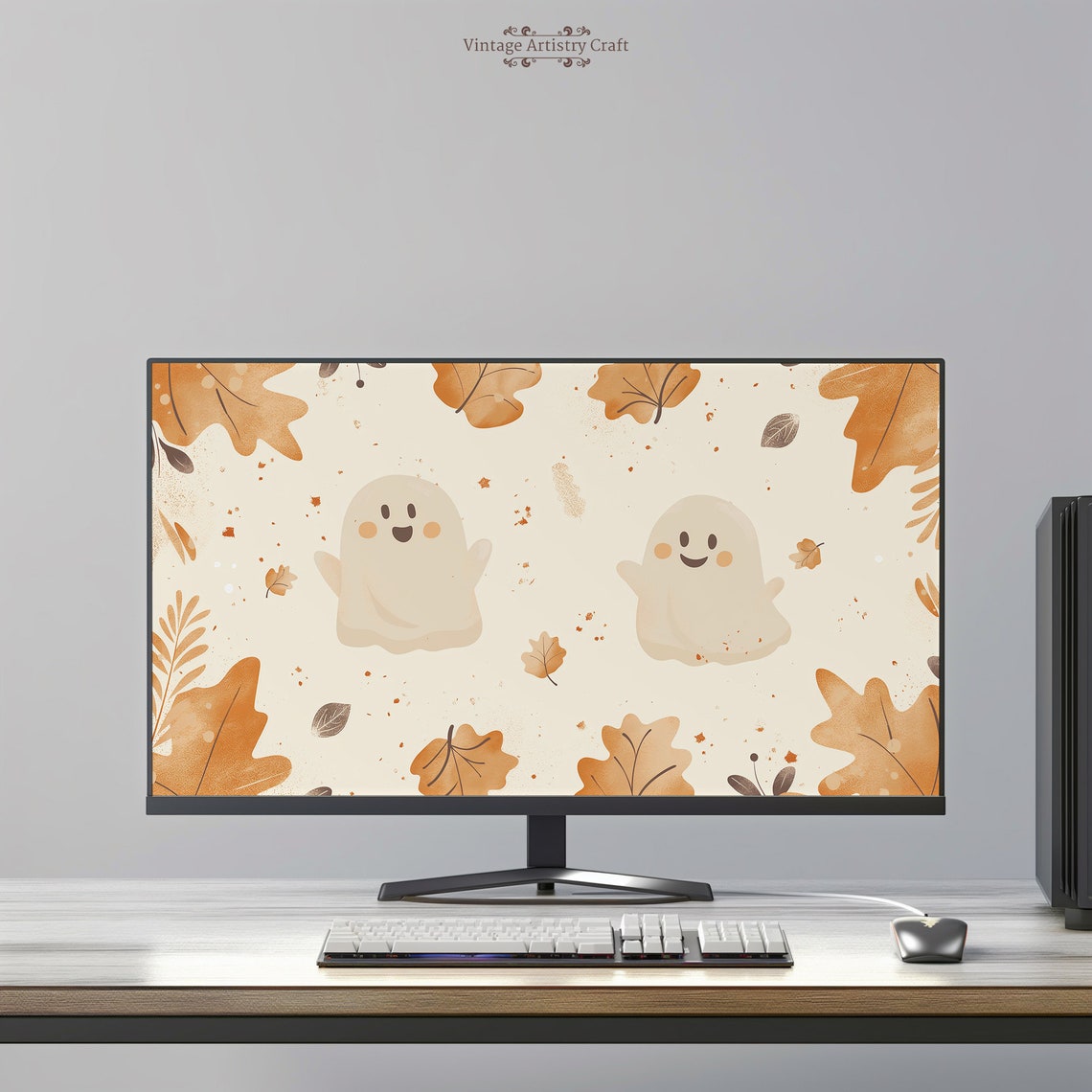 Cute Smiling Ghosts With Orange Autumn Leaves Halloween Poster