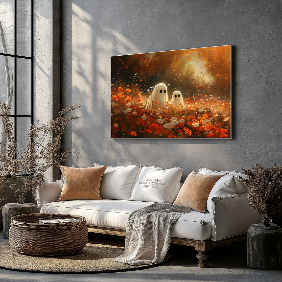 Cute Ghosts Autumn Wildflower Field Cozy Whimsical Halloween Poster - Image 5