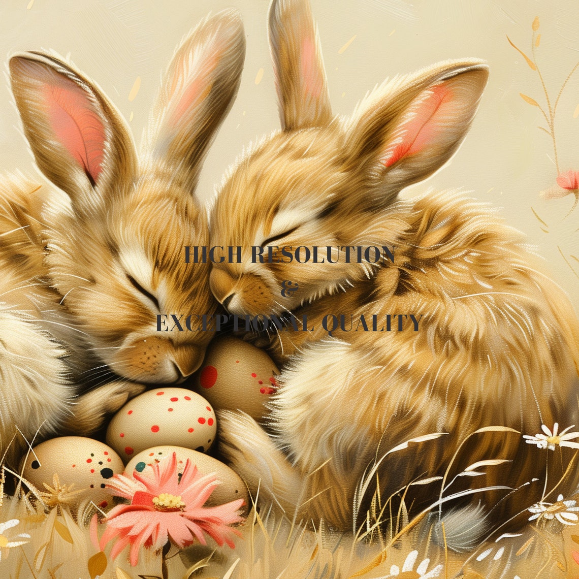 Sleeping Bunny Rabbits Easter Meadow Wildflower Oil Painting Poster - Image 3