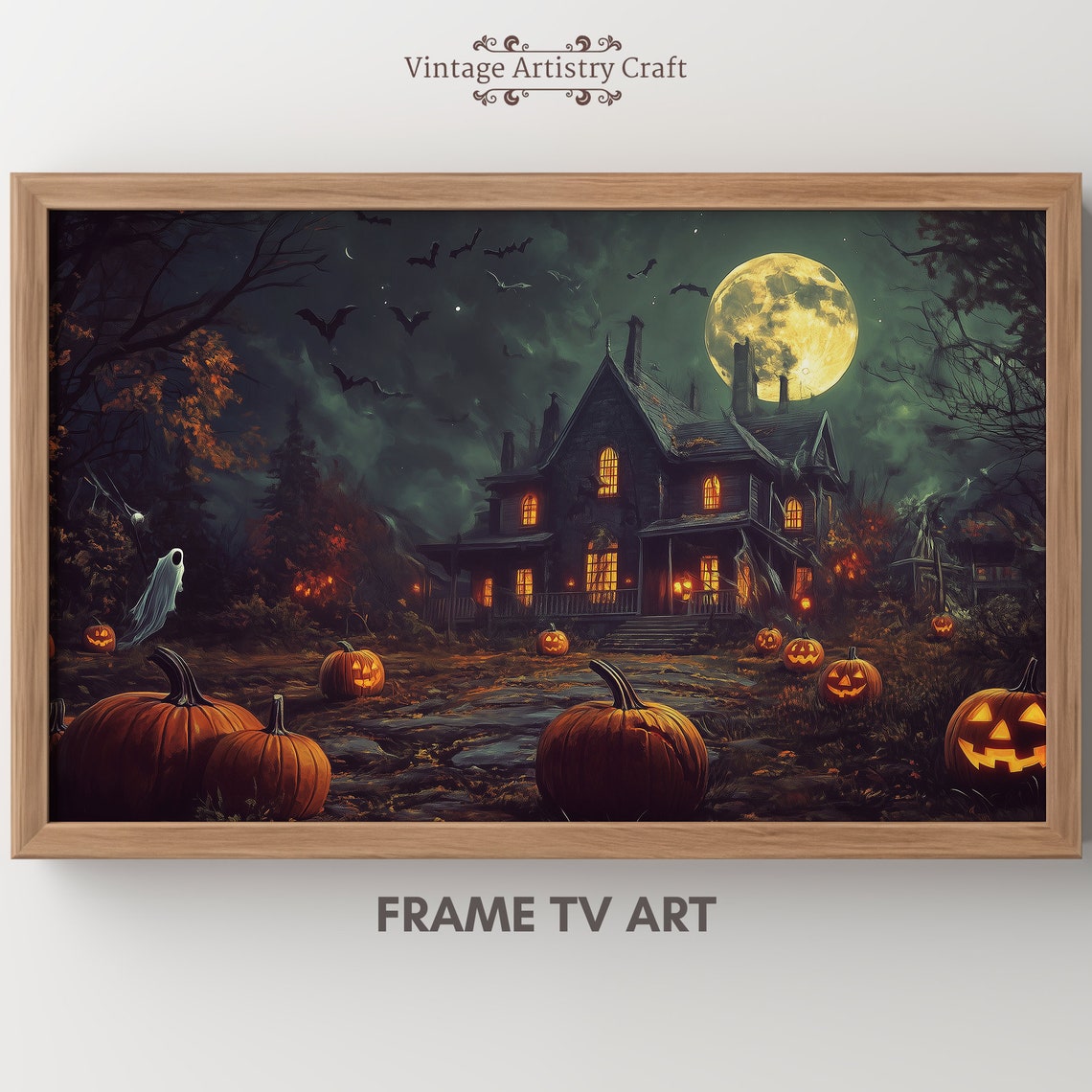 Spooky Haunted House Night Pumpkins Bats Full Moon Halloween Poster