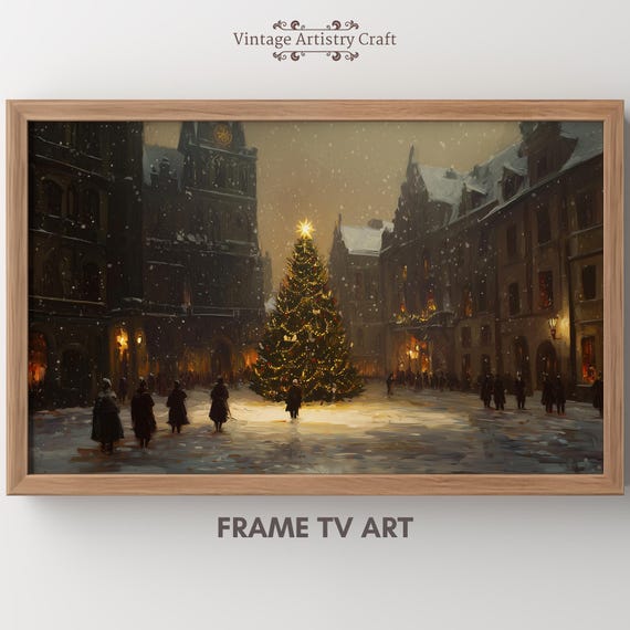 Winter Frame Tv Art Christmas Tree Warm Street Town Moody Farmhouse Tv Decor Vintage Oil Painting 4k Instant