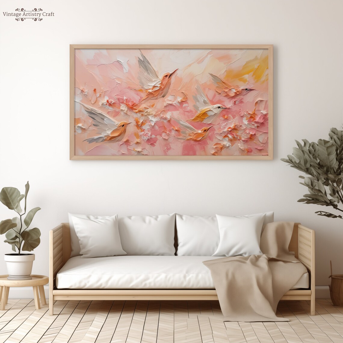 Flying Birds Pastel Pink Impasto Abstract Textured Painting Poster - Image 5