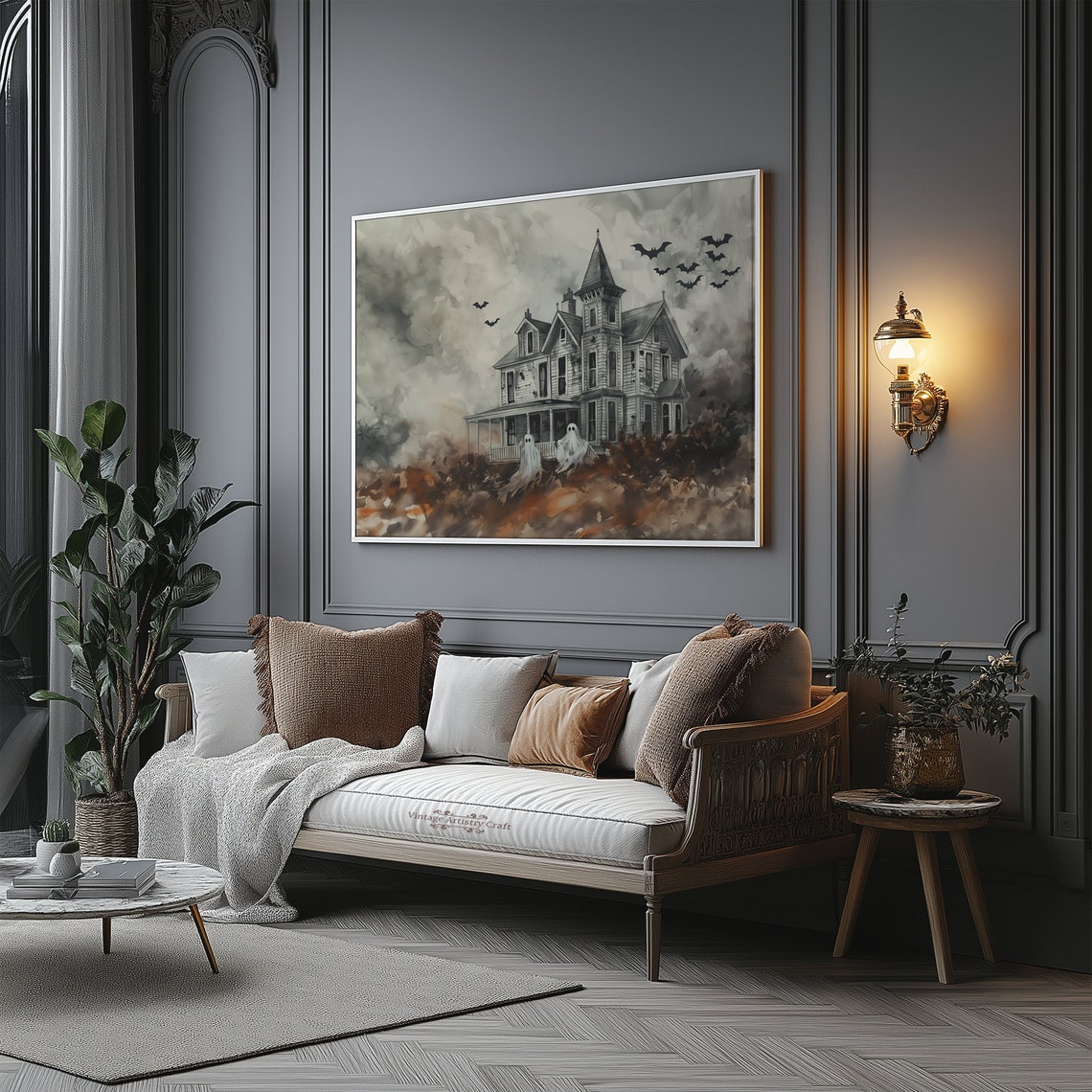 Haunted House With Ghosts Bats Watercolor Halloween Art Poster - Image 7