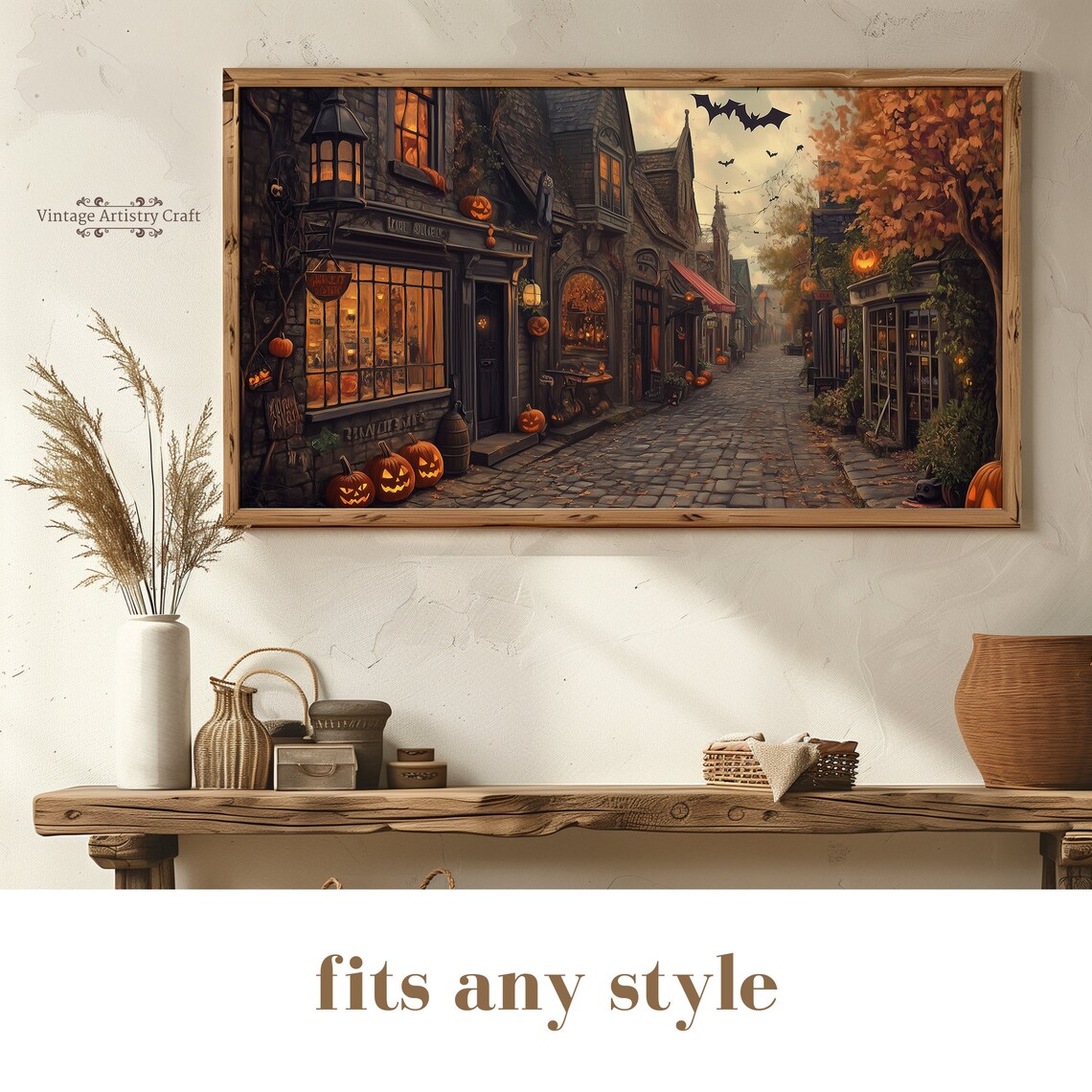 Gothic Halloween Market Street Pumpkins Bats Vintage Spooky Poster - Image 8