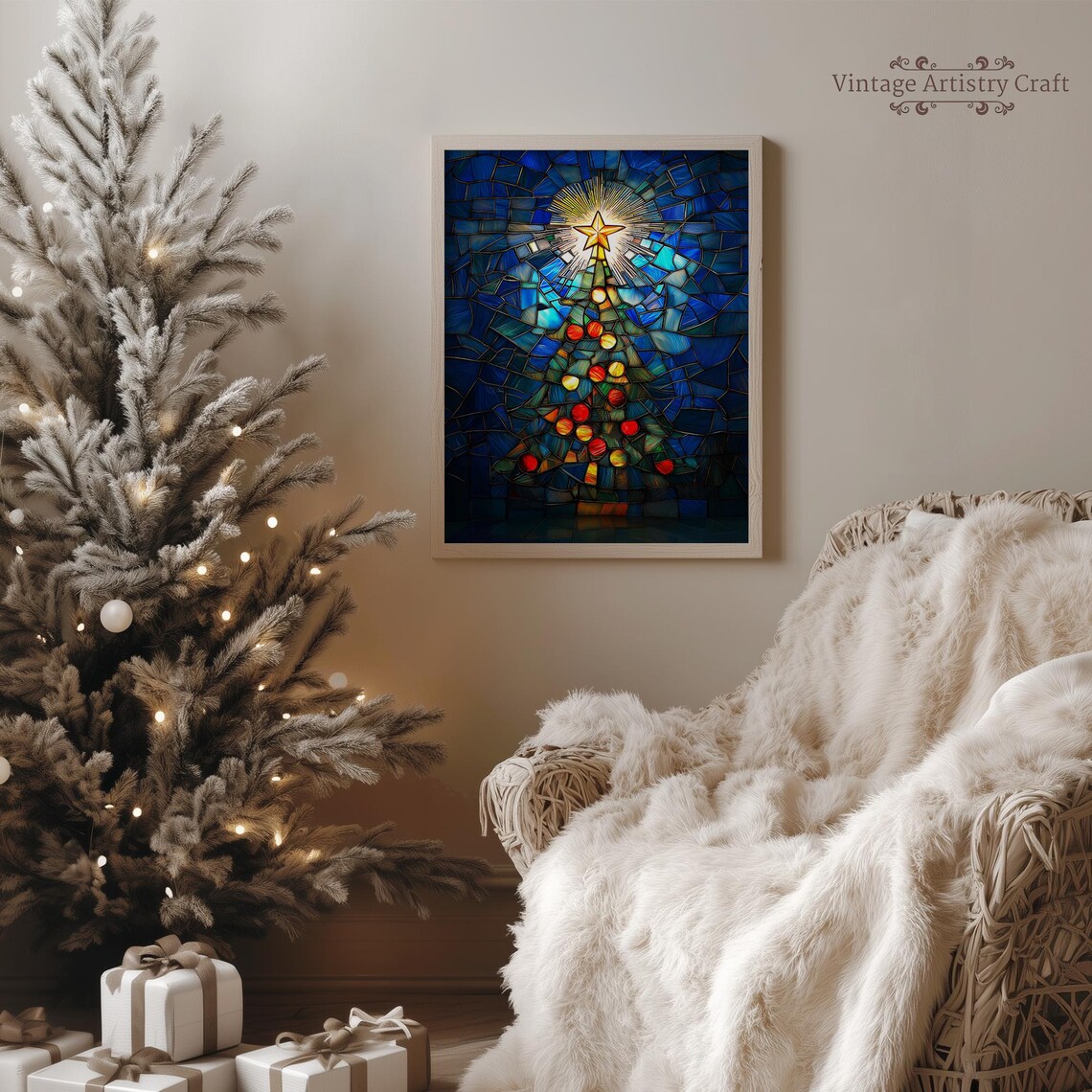 Stained Glass Mosaic Christmas Tree Blue Star Holiday Poster - Image 5