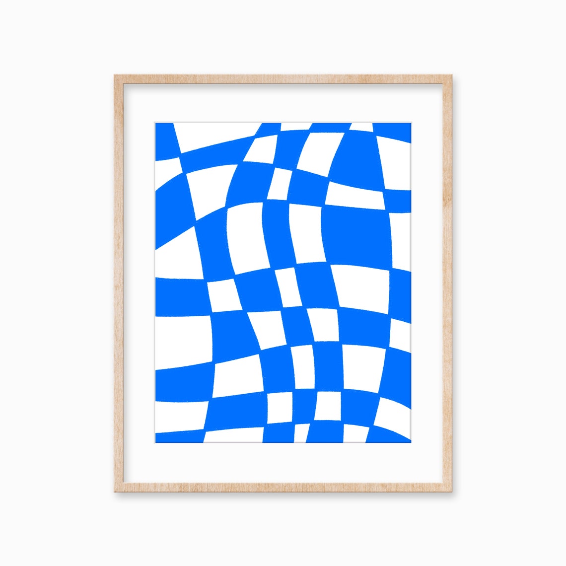 Blue White Warped Checkered Board Psychedelic Retro Art Poster
