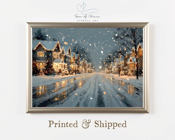 Snowy Christmas Village Street At Night Glowing Lights Falling Snow Poster