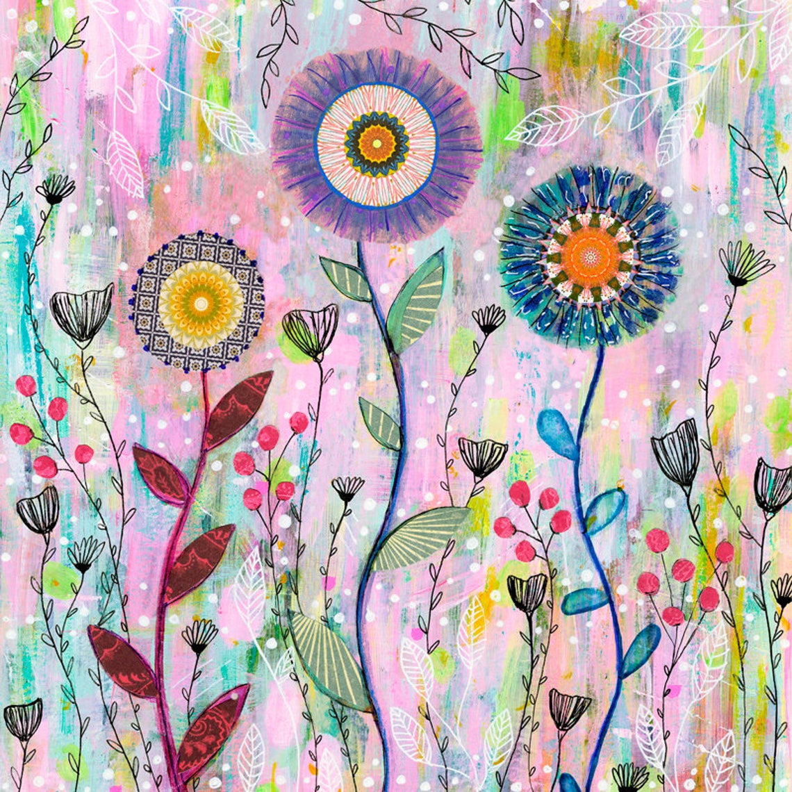 Psychedelic Bold Abstract Flowers On Pink Textured Art Poster