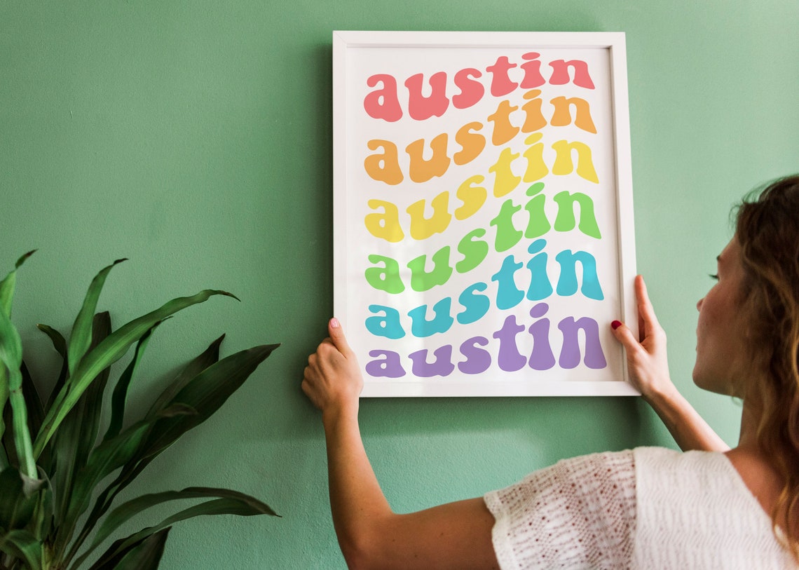 Austin Texas Poster Bright Rainbow Colors Home Decor Simple Print Home Wall Art Texas Retro Austin Print - Image 2