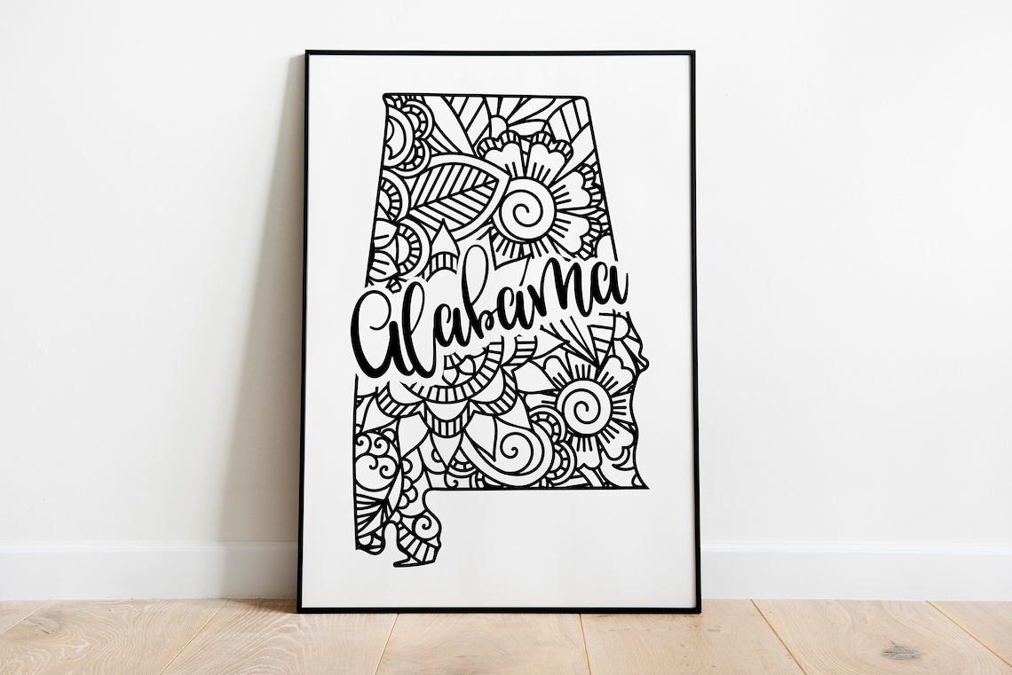 Alabama Mandala State Outline Minimalist Black White Line Art Home Decor Poster