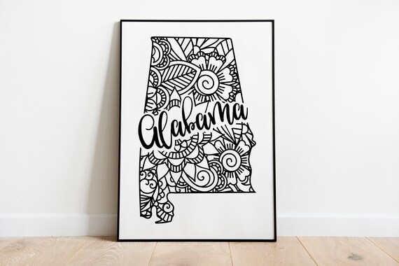 Alabama Mandala State Outline Minimalist Black White Line Art Home Decor Poster