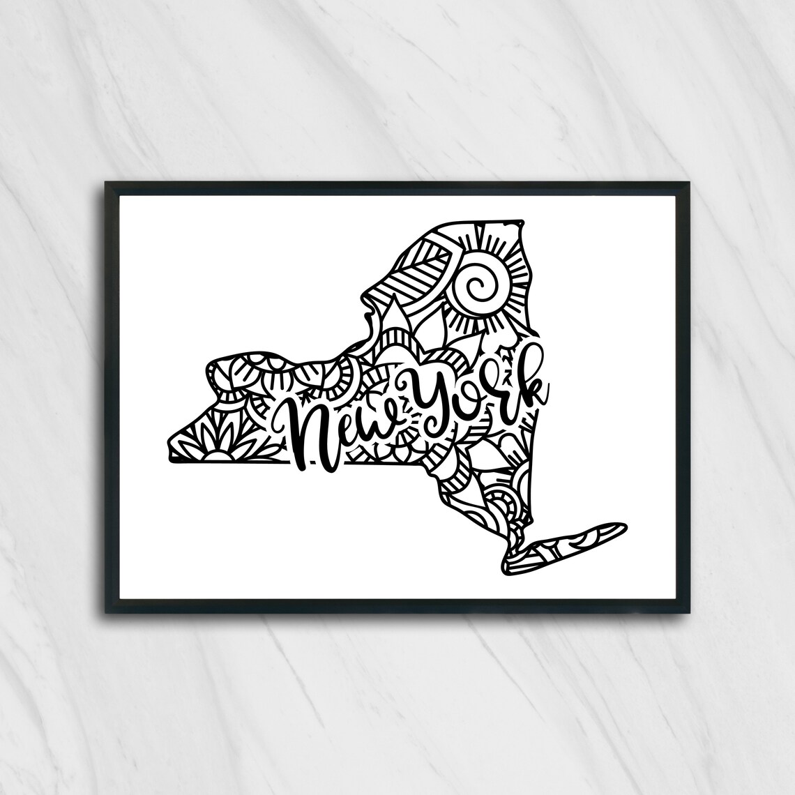 New York Mandala State Outline Minimalist Black White Line Art Home Decor Poster