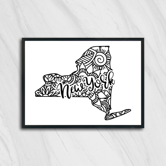 New York Mandala State Outline Minimalist Black White Line Art Home Decor Poster