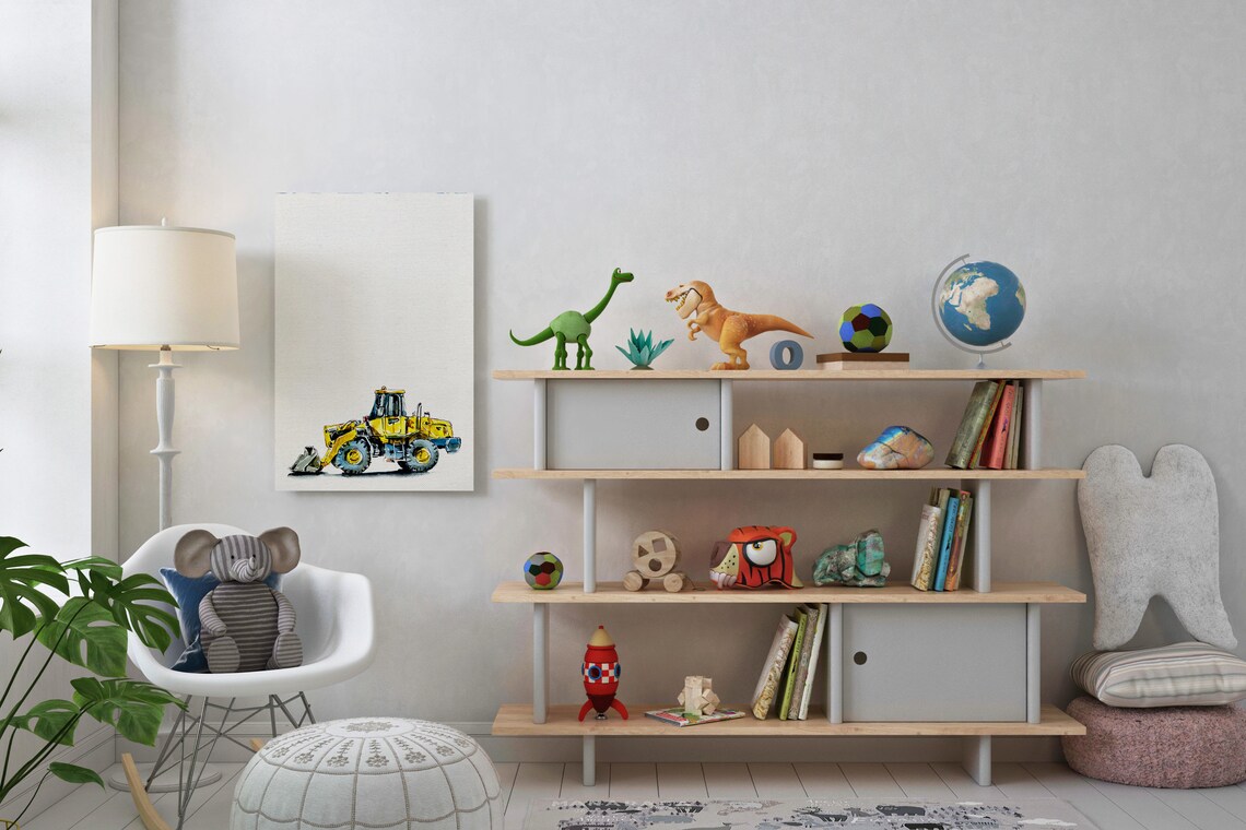 Excavator Watercolor Construction Truck Yellow Nursery Kids Wall Art - Image 2