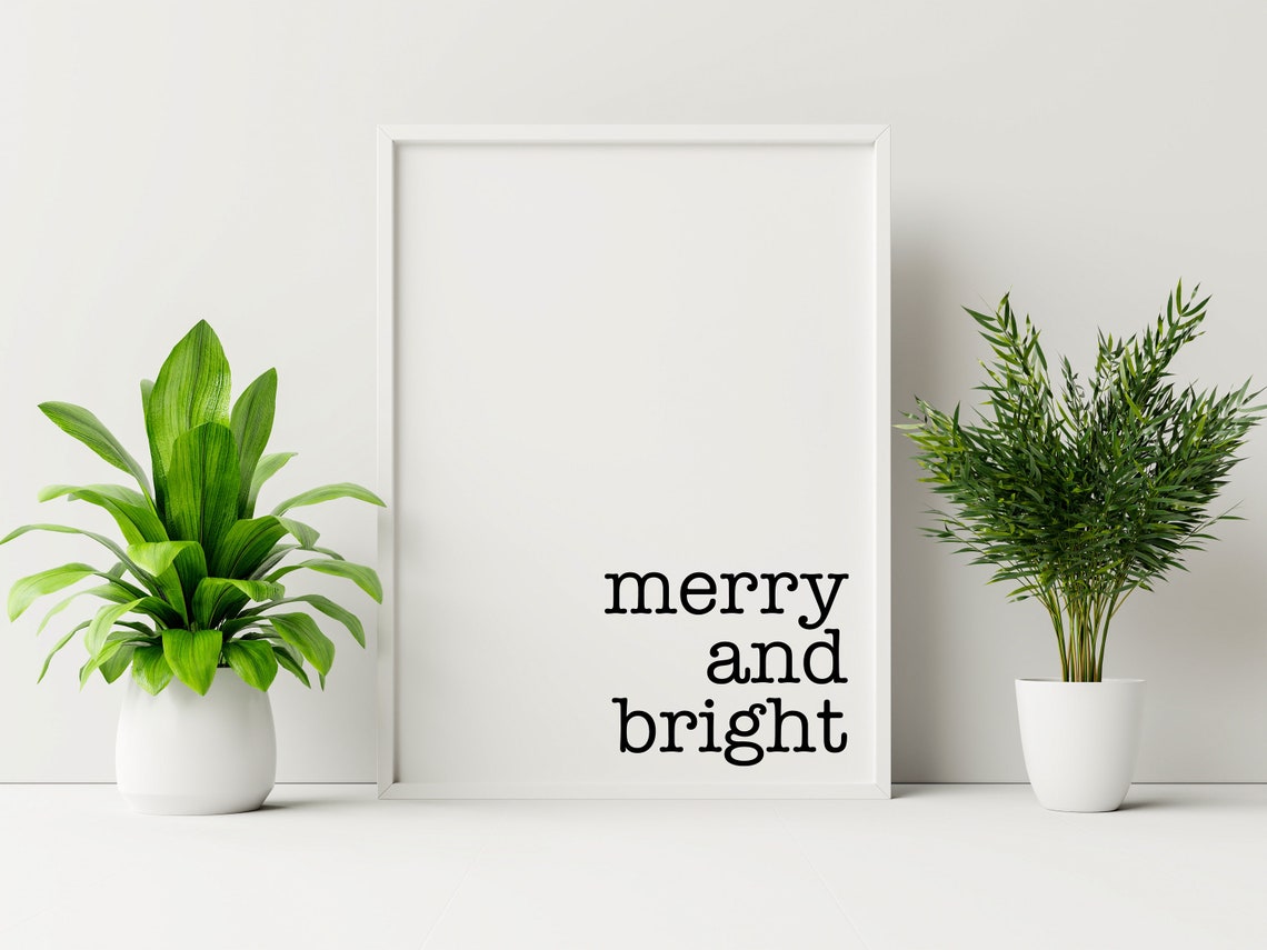 Merry and Bright Minimalist Christmas Word Print Black White Decor