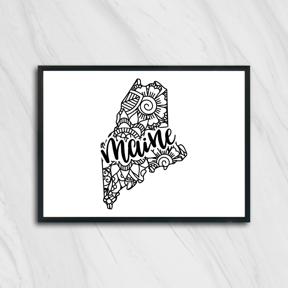 Maine State Mandala Floral Zentangle Outline Black White Home Wall Art - Image 2