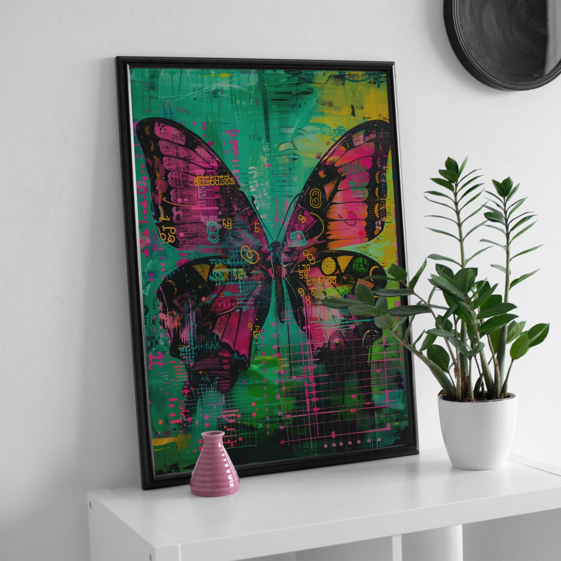 Neon Butterfly Mixed Media Pink Teal Graffiti Style Art Poster - Image 4