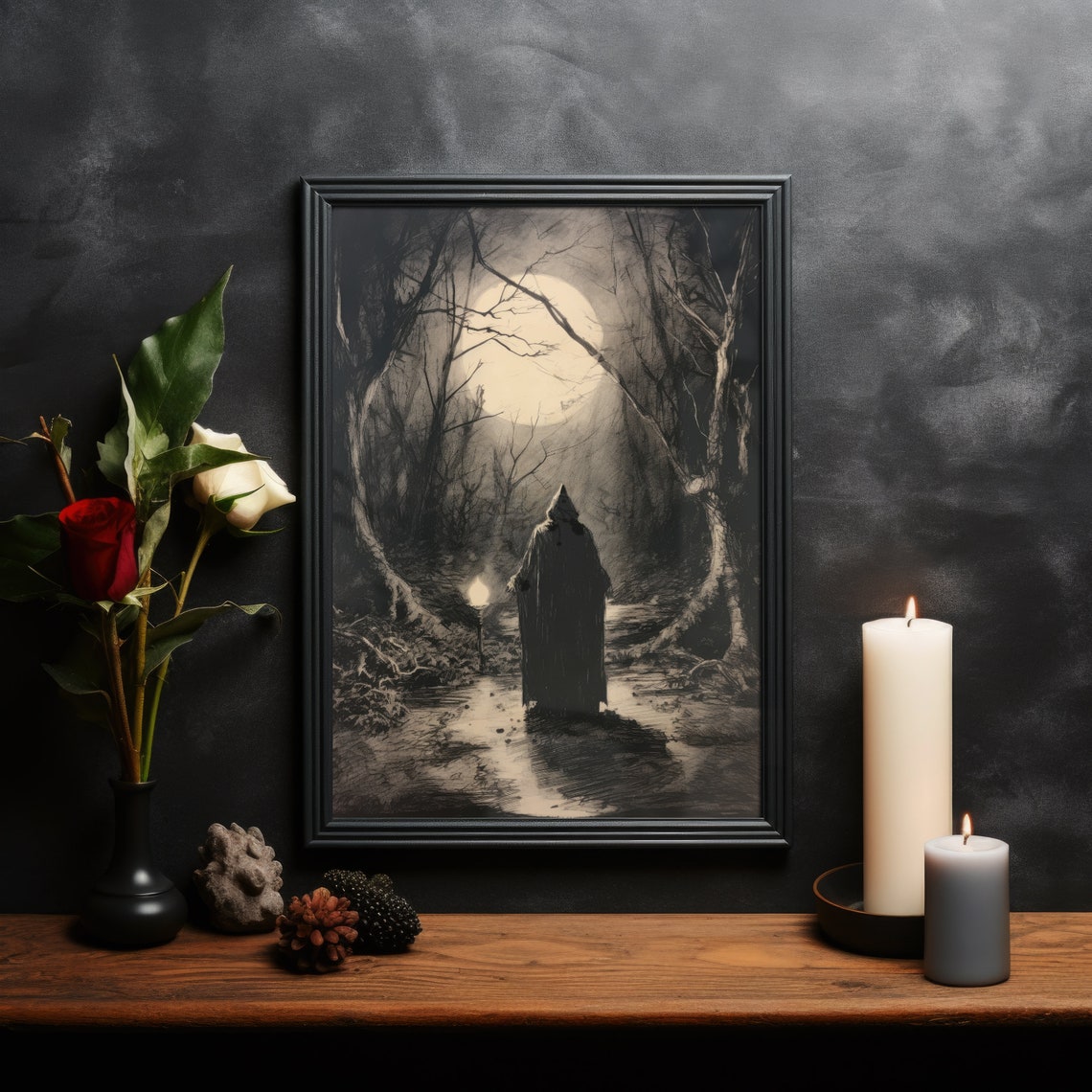 Hooded Figure With Lantern Moonlit Path Dark Forest Wall Art - Image 2
