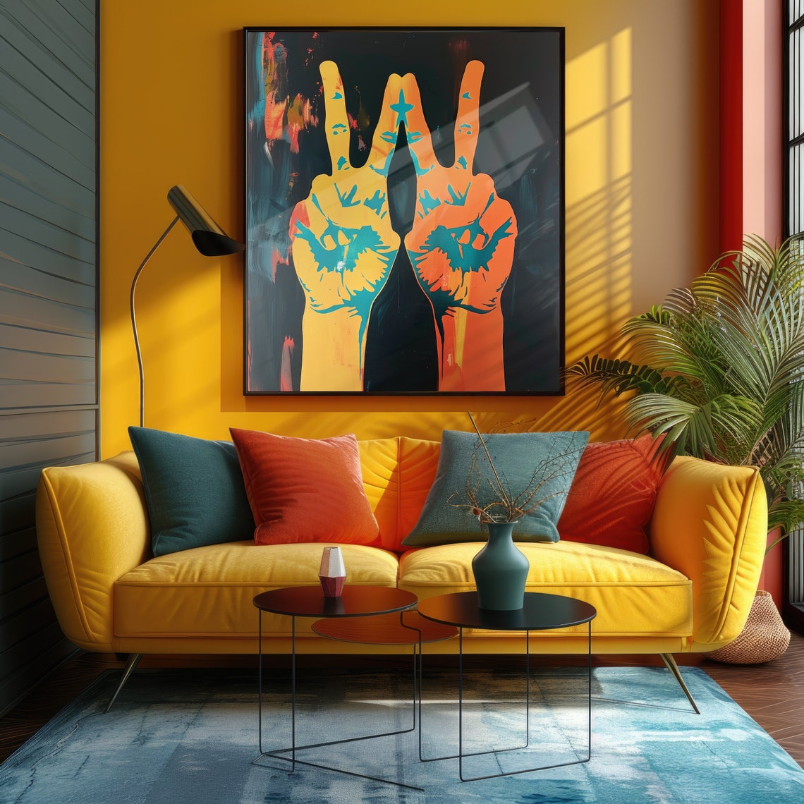 Peace Sign Hands Pop Art Poster Neon Yellow Retro Statement Wall Decor - Image 4