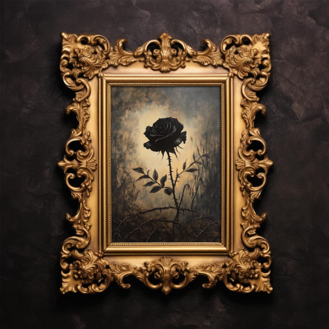 Black Rose in Gold Frame Gothic Romantic Floral Painting Poster - Image 2