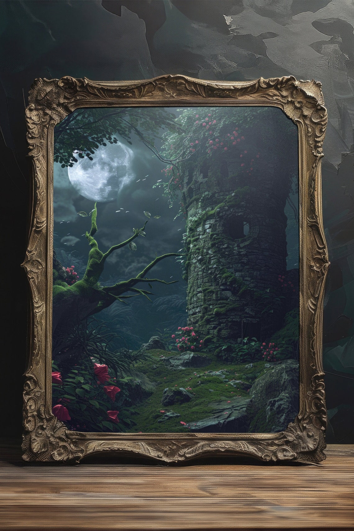 Moonlit Mossy Stone Tower Ruin With Roses Dark Fantasy Poster - Image 4